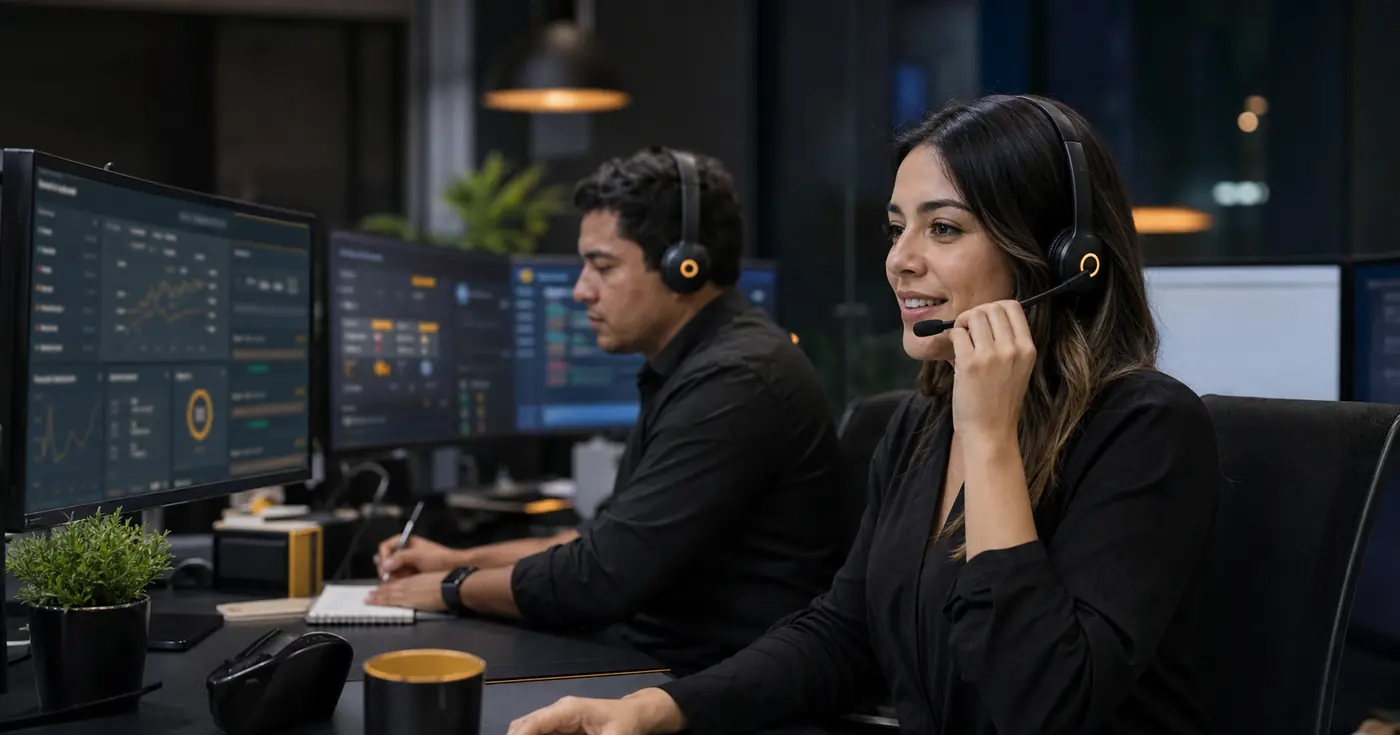 Equipo de soporte de GameDay con auriculares en sus escritorios