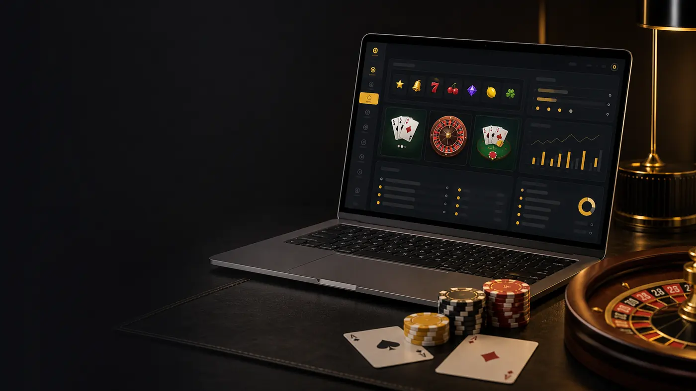 Software de lobby de casino digital en una laptop con tragamonedas y juegos de mesa