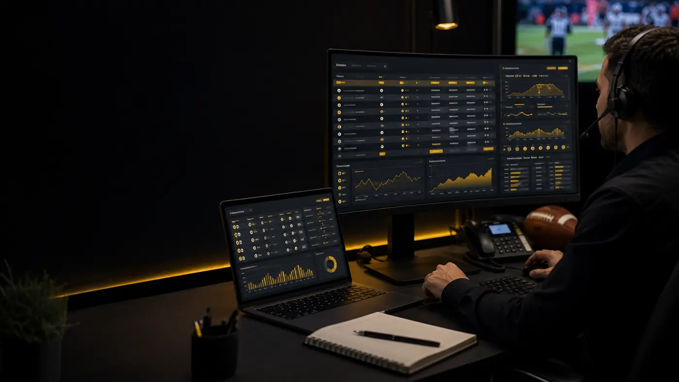 Agente monitoreando paneles de software sportsbook durante un partido de fútbol americano