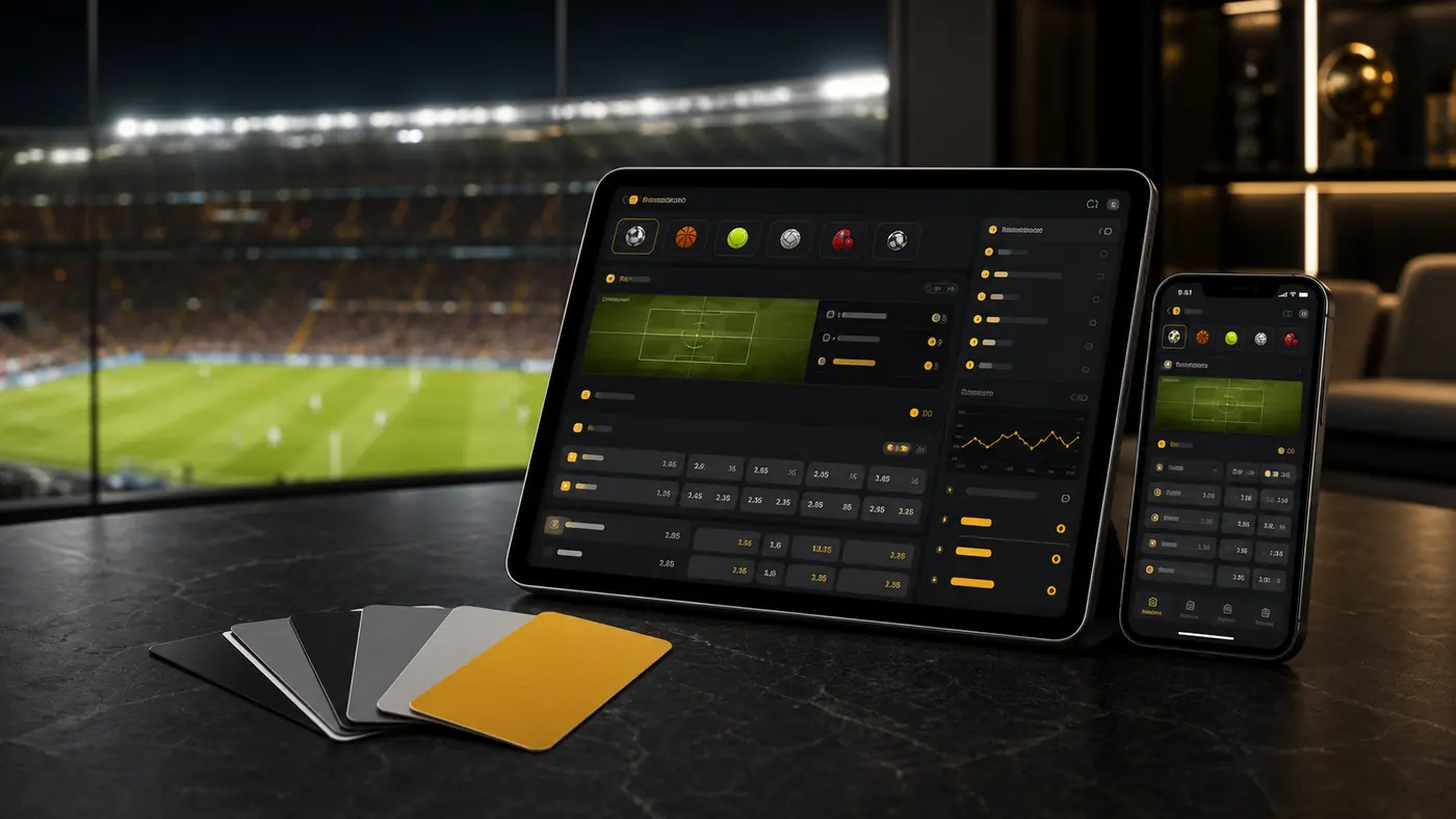 Kit de lanzamiento de sportsbook marca blanca en tablet y celular dentro de una suite de estadio